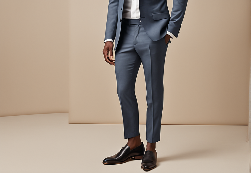 create an image showcasing two pairs of suit pants side by side one pair is slightly cropped above 447176014